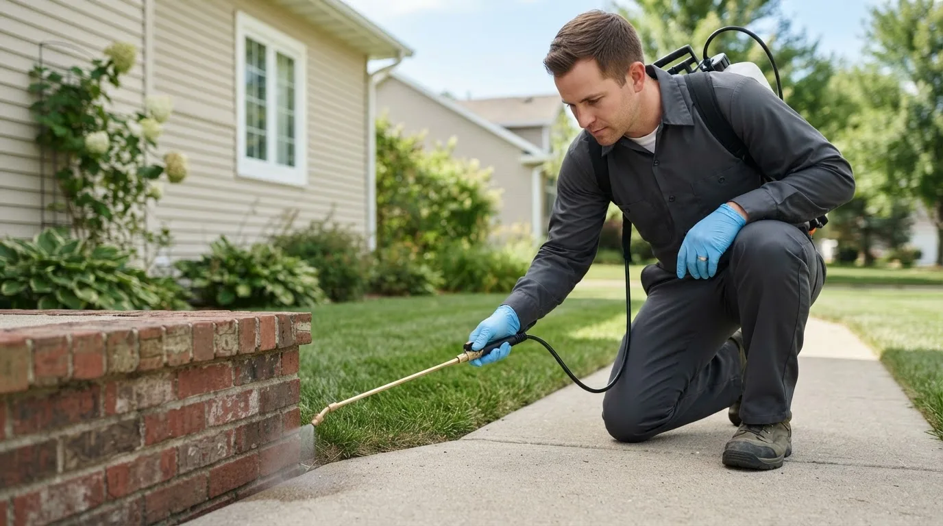 Pest control technician treating a home near Blue Mountain Lake, NY